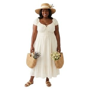OLD NAVY Size XL Creme De La Creme Clip Dot Shirred Waist Peasant Dress Pockets